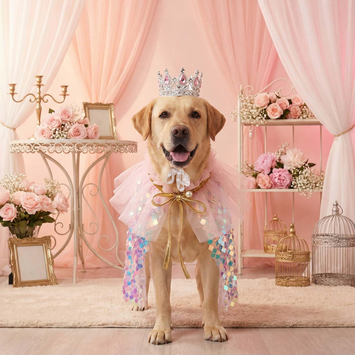 FLAdorepet Dog Princess Dress Costume with Rhinestones Crown,Pet Cat Cape Cloak Birthday Party Wedding Dress Up Outfits,Rainbow Mermaid Halloween Costume Clothes for Small Medium Large Dogs, Large