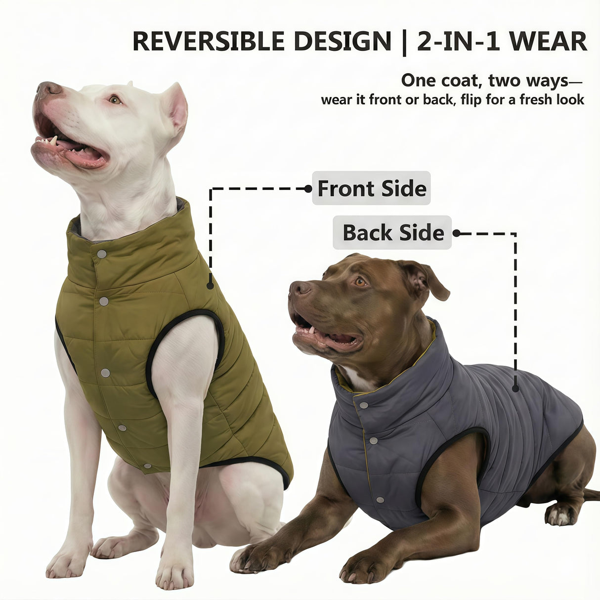 LovinPet Reversible Dog Puffer Coat for Medium & Large Dogs, Down‑Insulated Winter Jacket, Water‑Resistant & Wind‑Resistant, Anti‑Static, Dual-Sided Dark Green & Grey for Cold Weather,2XL