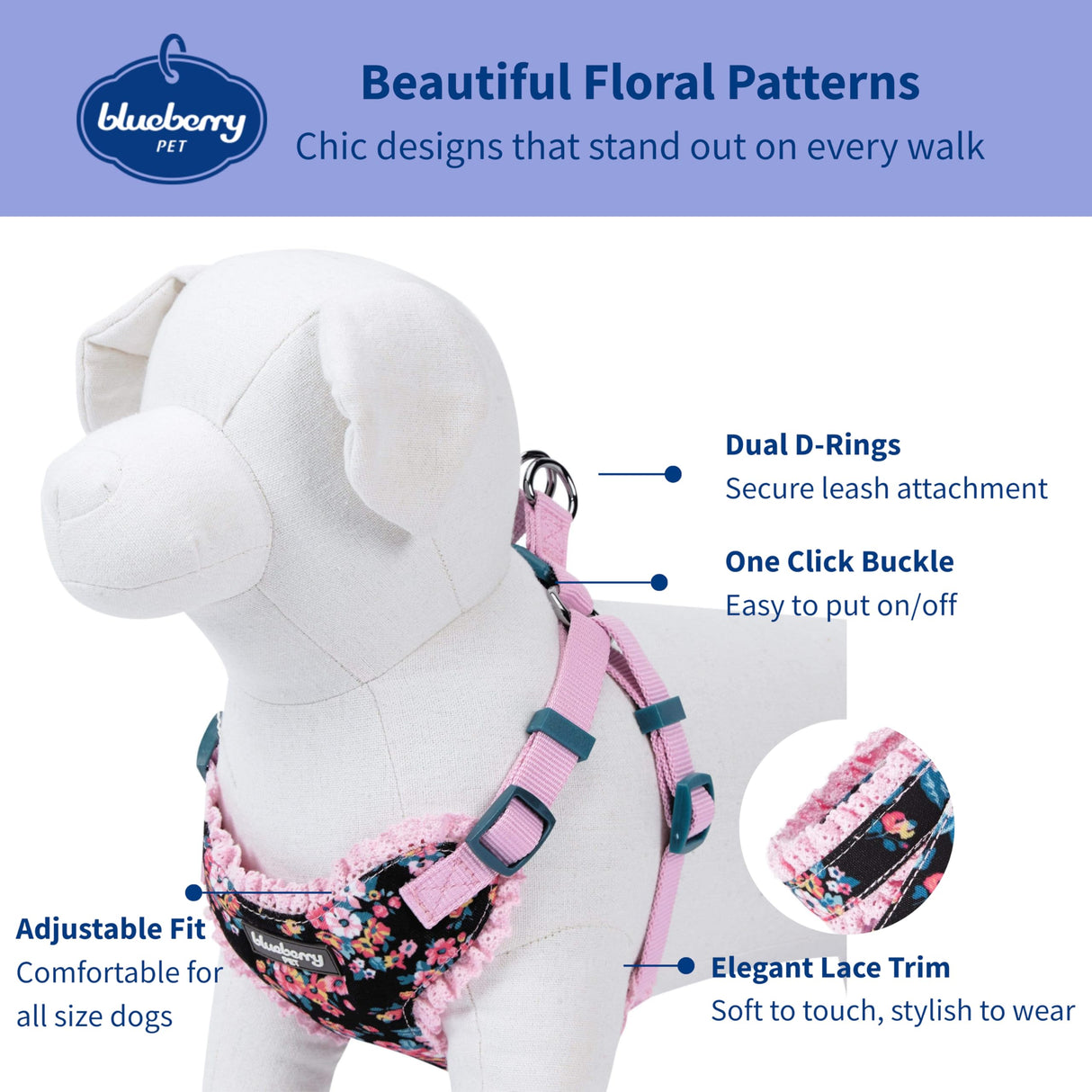 Blueberry Pet Soft & Comfy Made Well Elegant Floral No Pull Mesh Dog Harness Vest in Sleek Black, Chest Girth 17.5"-21", Small, Adjustable Harnesses for Dogs