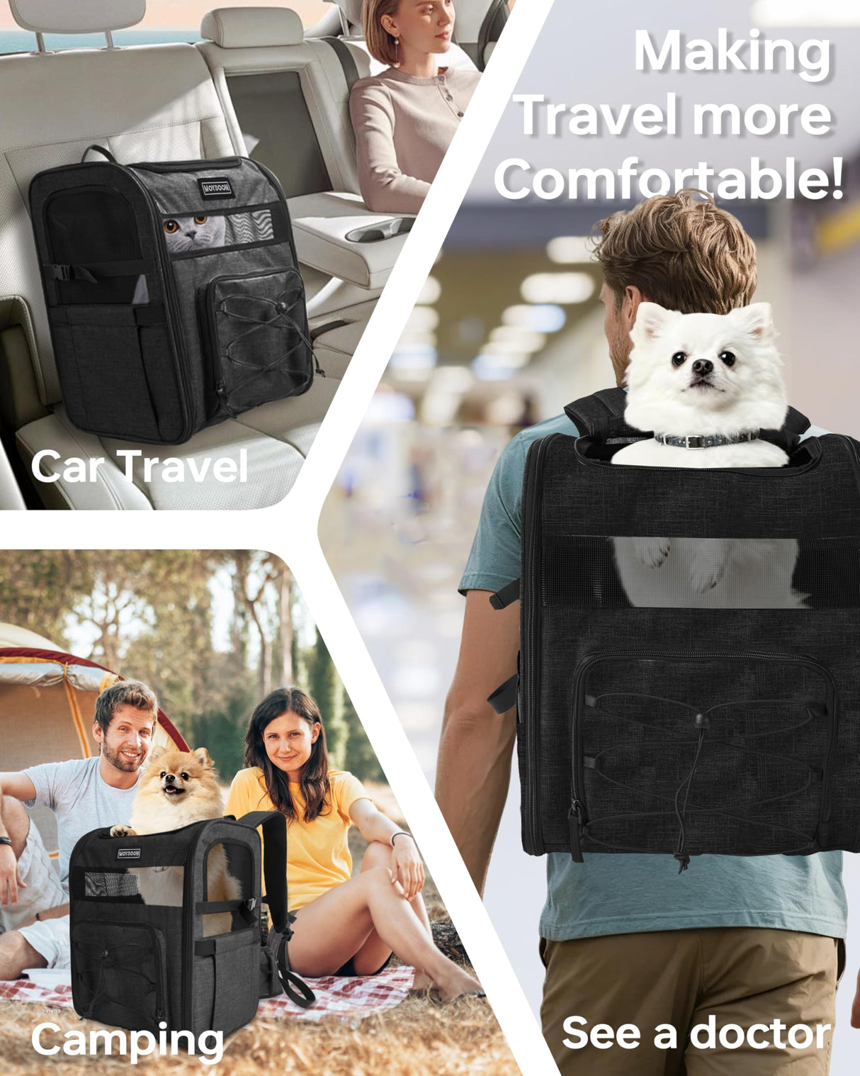 Hiking Dog Carrier Backpack, Adjustable Waist Cushioning Belt with Breathable Padded Back Support, Dog Carrier for Hiking with 5 Pockets, Dog Carrier Backpack for Small Dogs Max 13LB Black