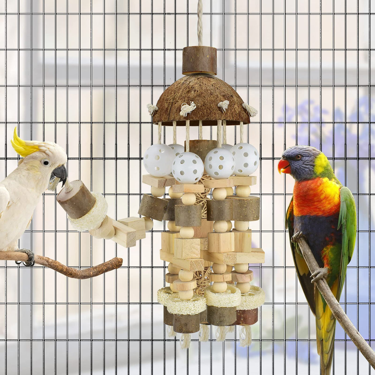 KATUMO Bird Toy, Large Parrot Natural Wooden Blocks Chewing Toy Suits for African Grey Cockatoos Amazon Parrots Large Medium Birds