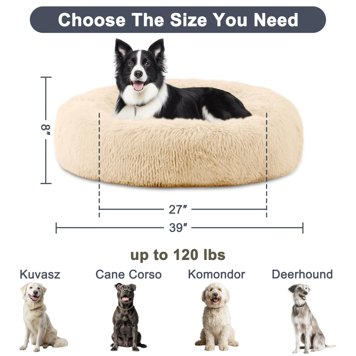 ELSKER&HOME Calming Dog Bed,Donut Washable Warming Soft Round 39 inches Dog Beds for Large Dogs,Anti-Anxiety Fluffy Plush Cushion Bed Fits up to 120 lbs Pets,Apricot
