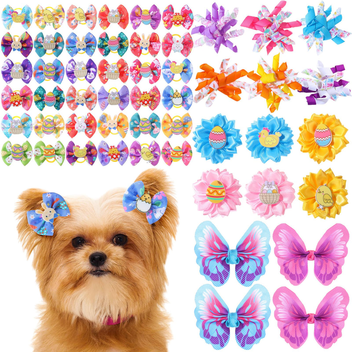 Wavwavw 52 Pieces Bulk Easter Dog Hair Bows with Rubber Bands Easter Dog Grooming Pastel Bows Egg Bunny Chicken Design Pet Accessories for Holiday Party Cute Pet Puppy Cat Hair Accessories