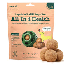 Load image into Gallery viewer, WOOF Pupsicle Refill Pops for All-in-1 Health - Long-Lasting Multivitamin Refills for The Pupsicle Toy - with Vitamins A, B, D, Iron, Magnesium, and Fiber - Large Pops - 7 Count