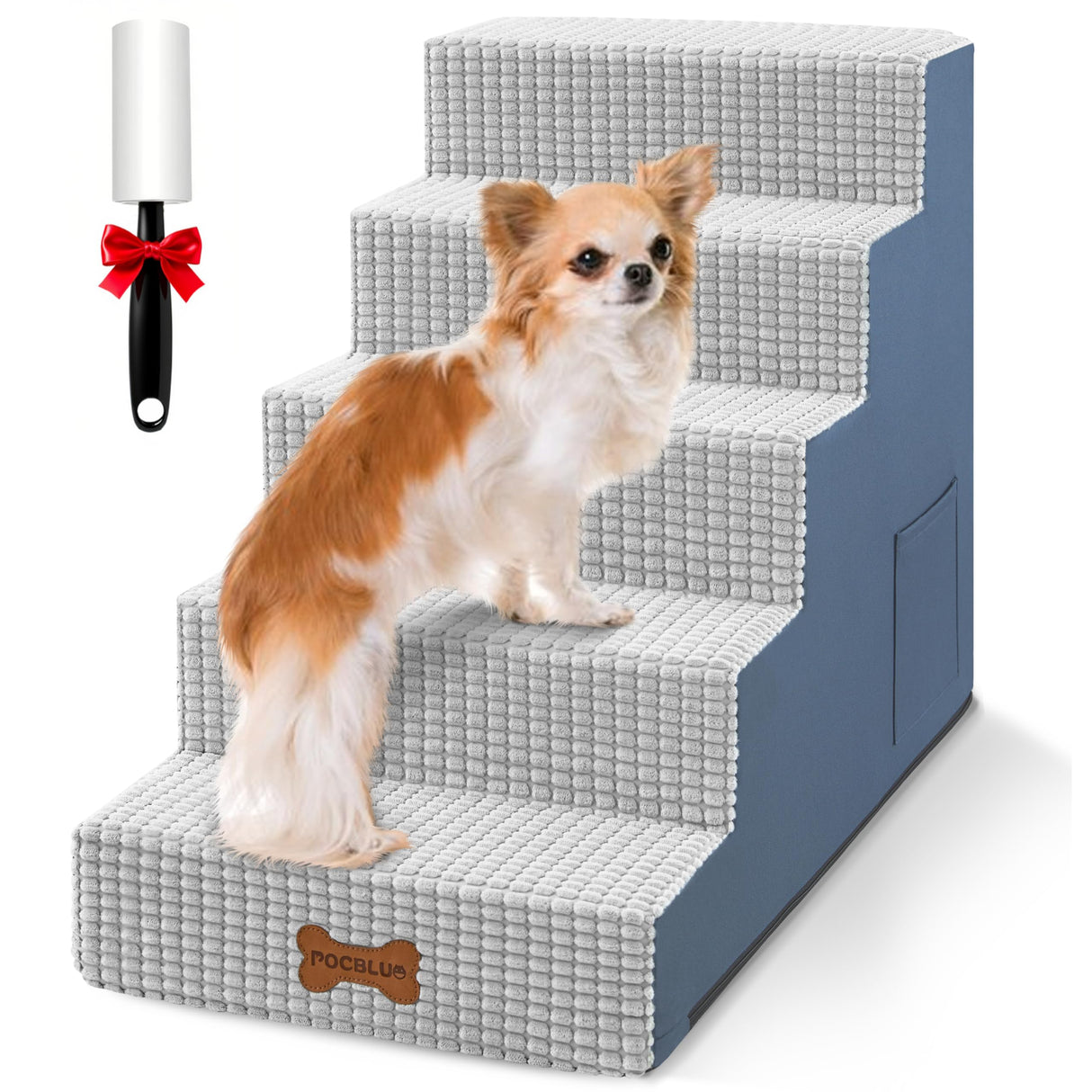 POCBLUE Dog Stairs for Small Dogs and Cats 22" H, 5-Step Pet Step for High Bed or Couch, Non-Slip Balanced Pet Ramp Indoor with High-Density Foam and Washable Cover, Grey