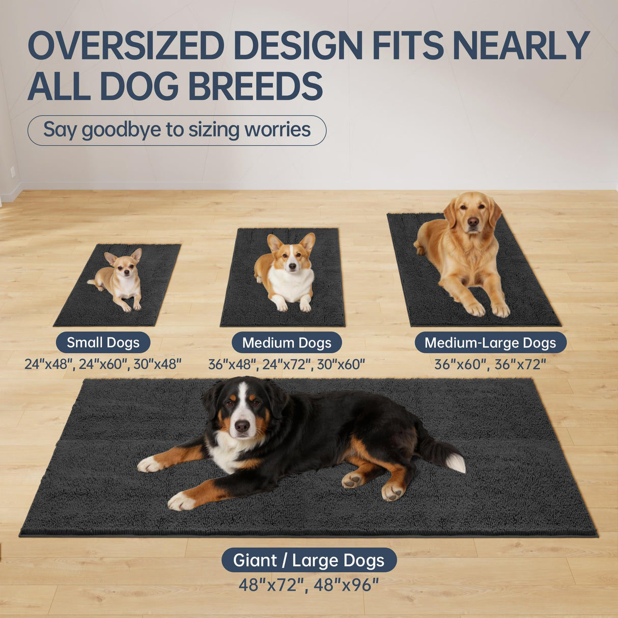 Futurwit Dog Door Mat for Muddy Paws, 72" x 36" Chenille Absorbent Front Door Mat Inside, Large Runner Mud Mat for Dogs, Trap Dirt Washable Non Slip Outdoor Indoor Entrance Doormats, Grey