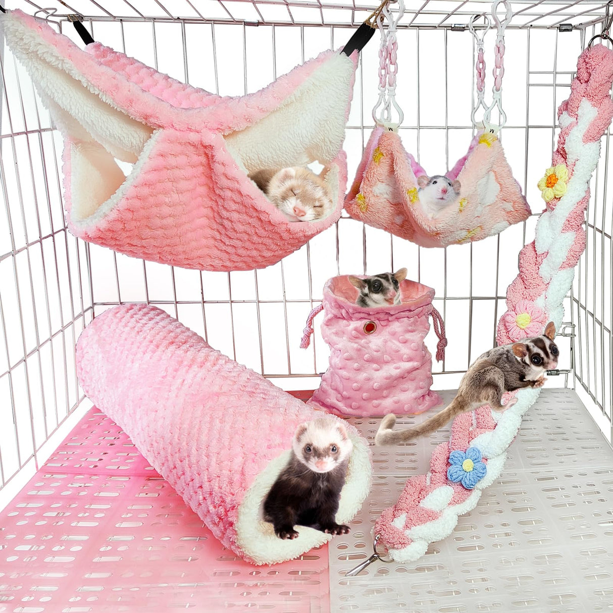 Hamiledyi Ferret Hammock 5 Pack Sugar Glider Climbing Ropes Toys Rat Hanging Tunnel Hammock Swing Squirrel Hideout Bed Cage Accessories for Mouse Hamster Chinchilla Small Animals