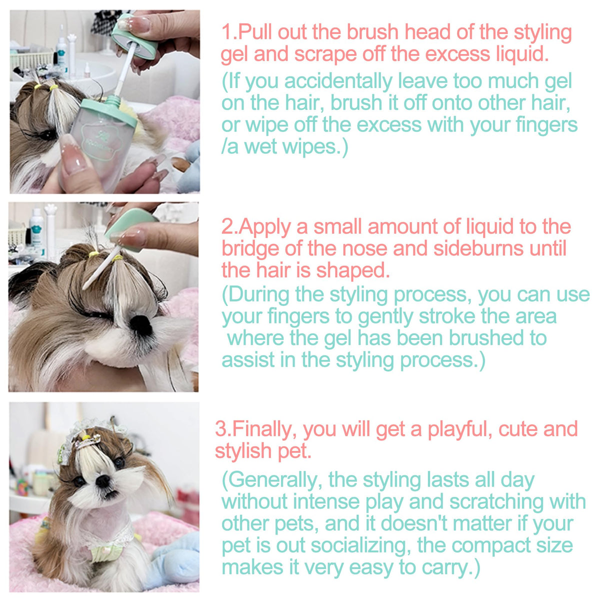 Pet Hair Styling Gel Flocked Brush No-Rinse Lick-Safe Stray Hairs Fruity Fragrance Grooming Tool for Schnauzer, Maltese, Long Hair Small Dogs