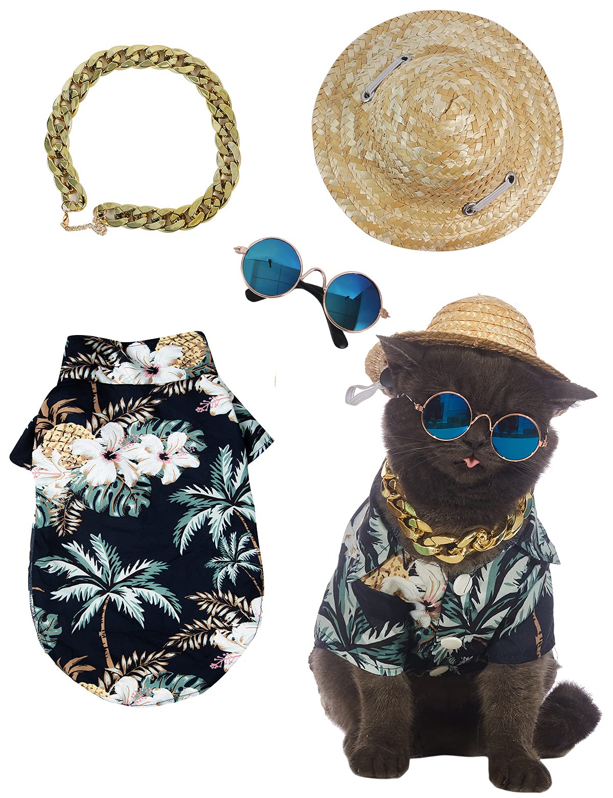 Impoosy Hawaiian Dog T Shirts Pet Summer Clothes Cat Sunglasses Funny Straw Hat Kitten Costumes with Gold Chain Collar (Medium,Black)