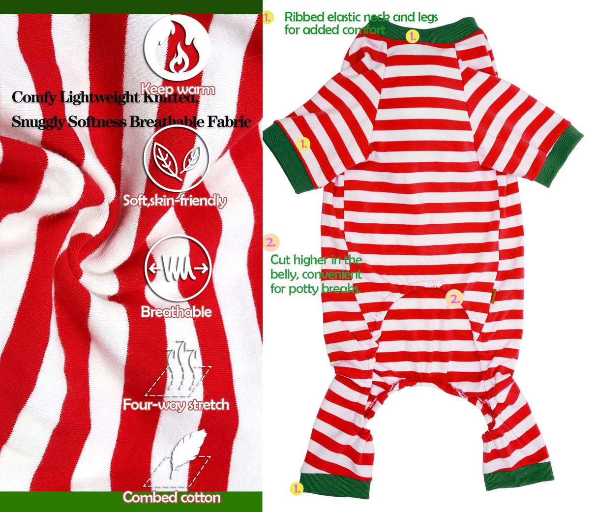 Sychien Dog Christmas Pajamas Small,Red and White Striped Pjs for Boy Girl Dogs,Thermal Warm Cotton Holiday Jumpsuit for Big Dog,XS