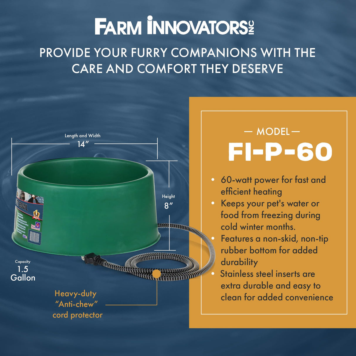 Farm Innovators P-60 1.5 Gallon 60 Watt Electric Heated Pet Water Bowl with Thermostatic Control and Anti Chew Cord, Green (2 Pack)