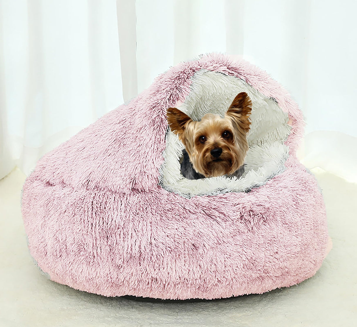 NTUQCAW Dog Cave Bed for Small Dogs Cats Pets, Anti Anxiety Calming Plush Dog Beds, Fluffy Covered Hooded Cozy Burrow Puppy Beds, Anti-Slip Bottom Washable Pet Sleeping Bag (20" D, Pink)