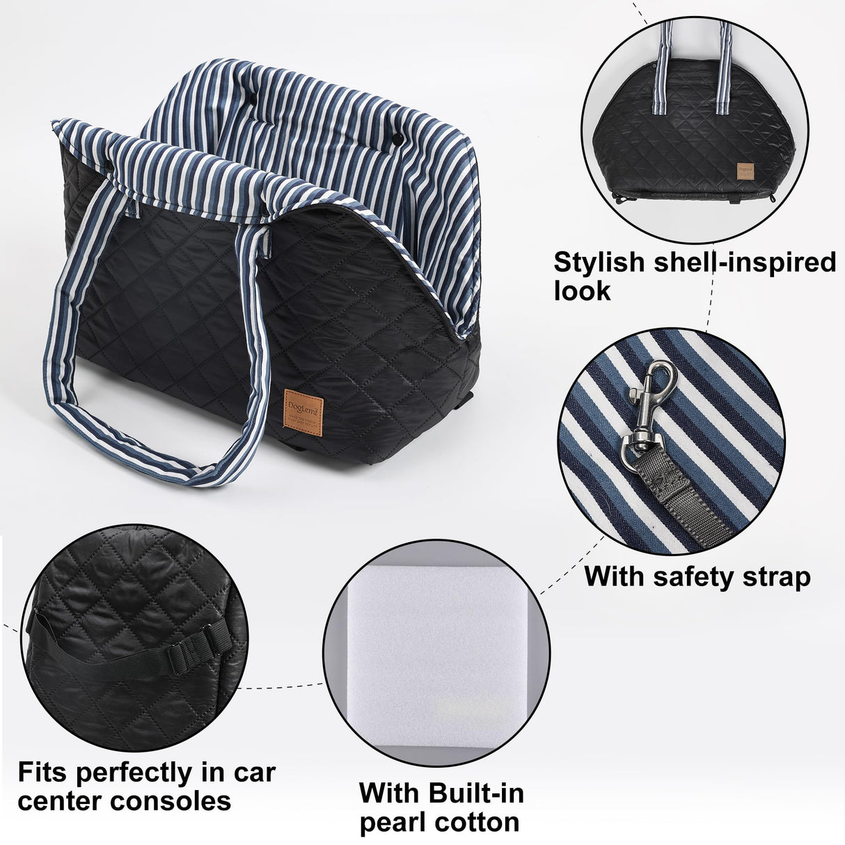 Small Dogs Under 12 lbs Adjustable Portable Center Console Car Seat, Built-in Bubble wrap, Fits Most Cars & SUVs with Convenient Handbag Functionality, Stylish Travel Pet Bag (Black)