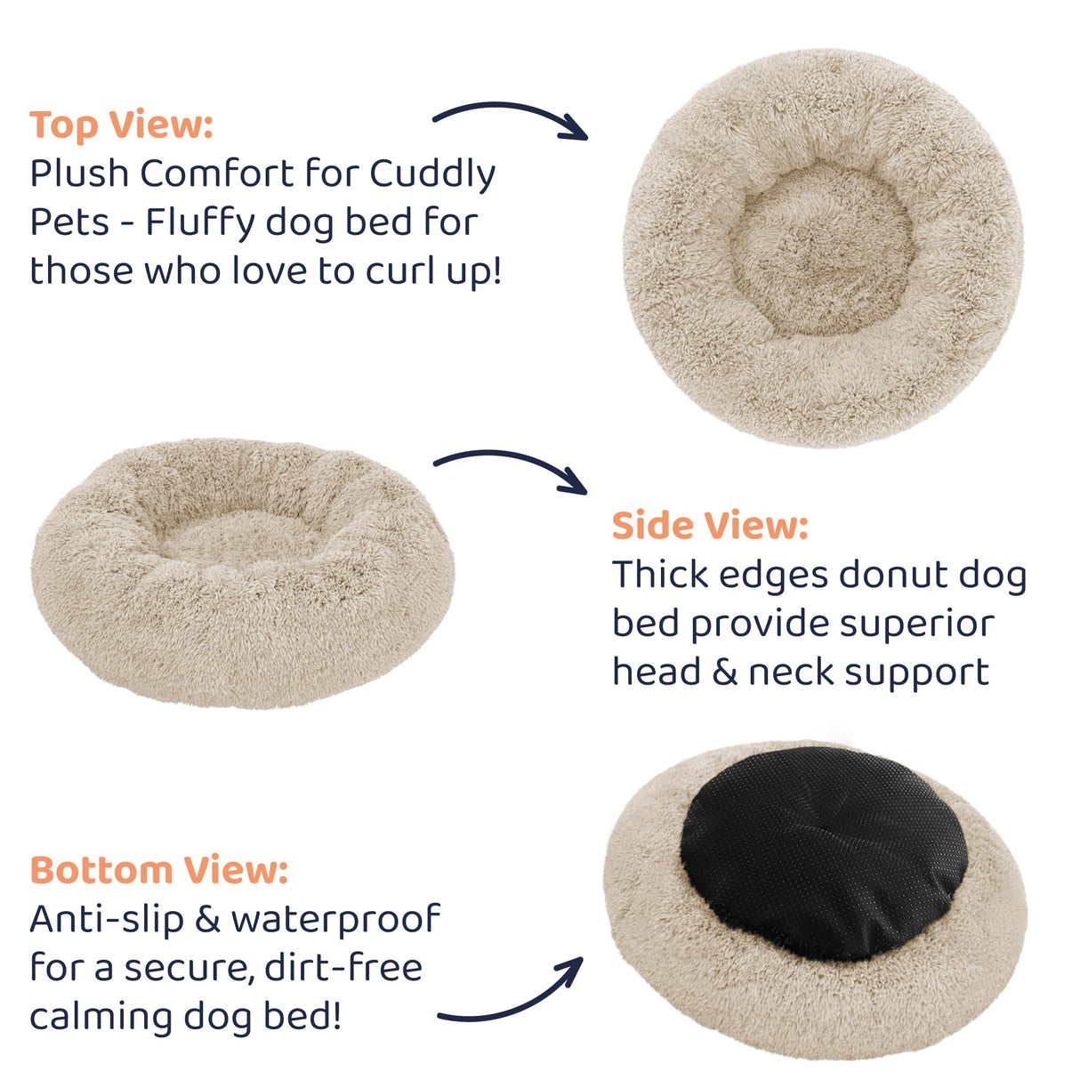 Donut Dog Bed - Premium Comfort for Anxiety Relief - Fluffy & Calming Design with Ultra-Plush Support | Cozy Round Dog Bed with Super Soft Circle Style (Beige, Medium)