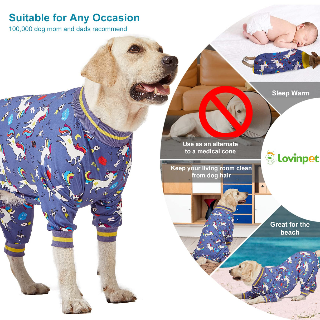 LovinPet Large Breed Dog Onesie Clothes, Slim Fit/Stretchy Knit, Unicorn Rocket Grey Print, Pet Anxiety Relief, Wound Care/Post Surgery Large Dog Shirt, UV Protection, Stop Shedding for Dogs, M