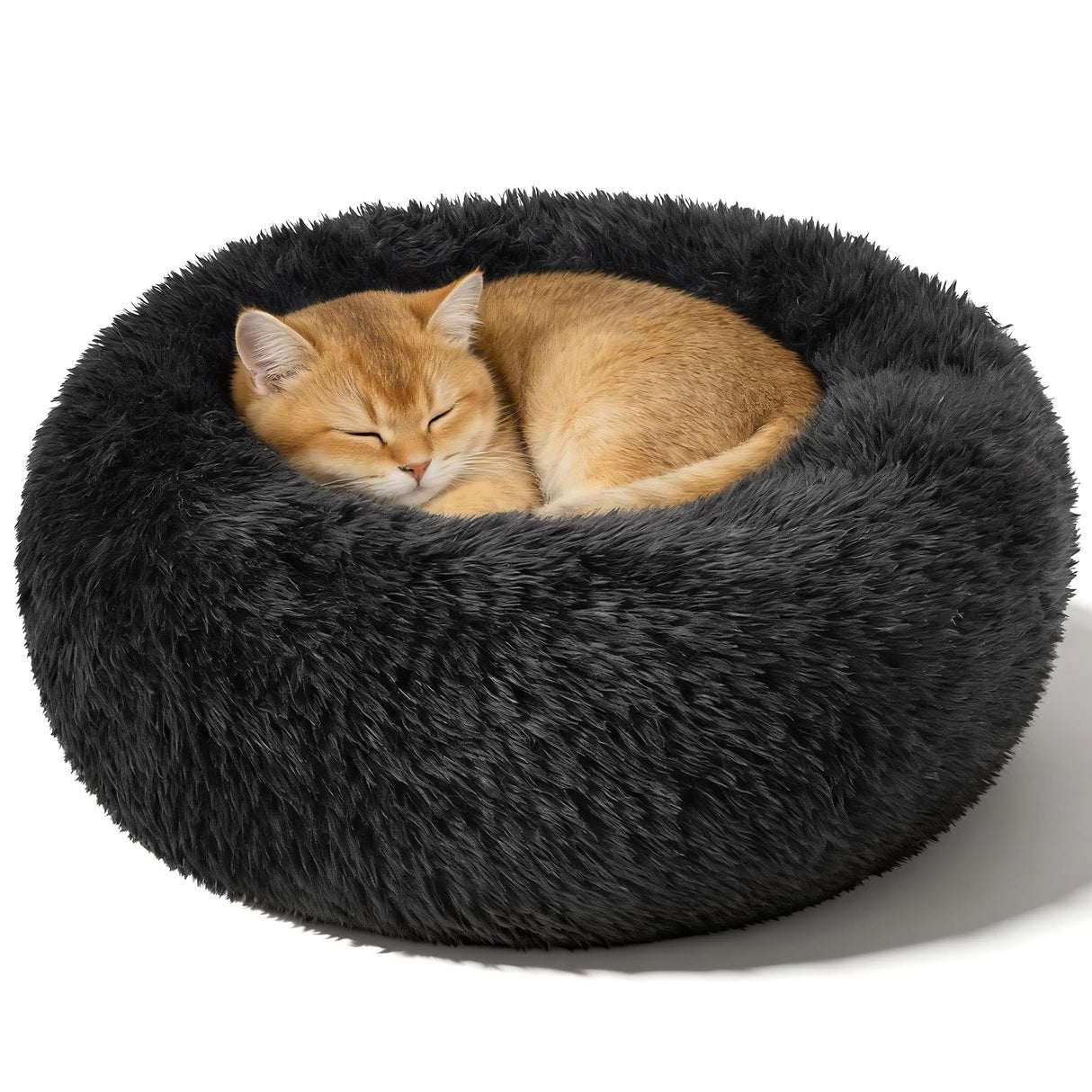 Dog Calming Beds for Small Medium Large Dogs - Round Donut Washable Puppy Dog Bed, Anti-Slip Faux Fur Fluffy Donut Cuddle Anxiety Cat Pet Bed(20" Black