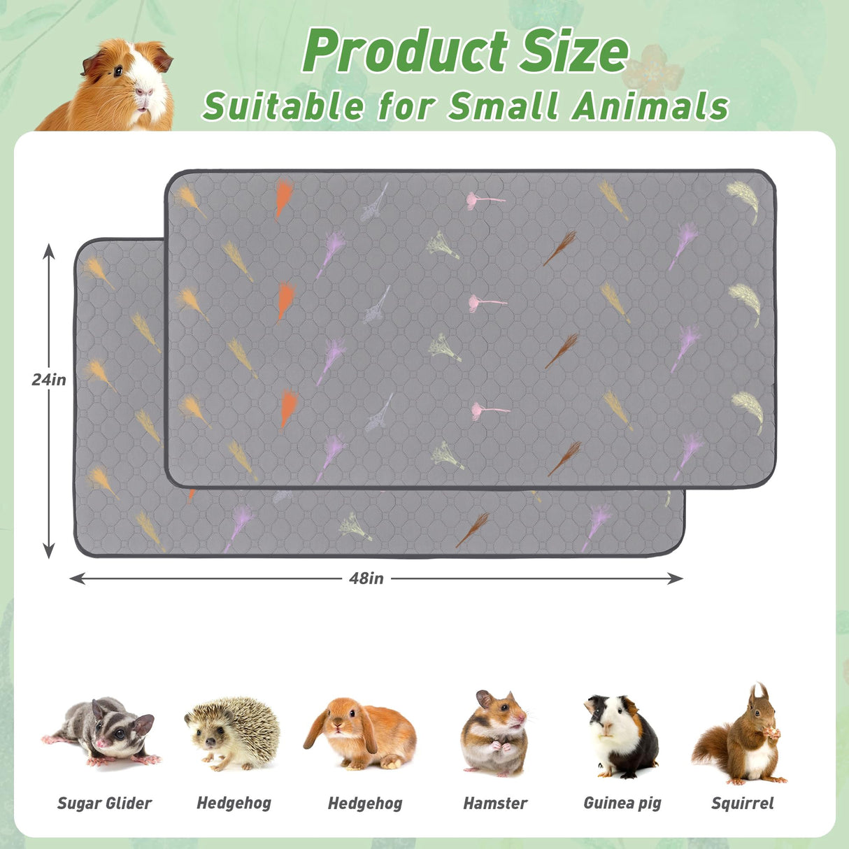 2Pcs Guinea Pig Cage Liners,Guinea Pig Fleece Cage Liners24''X48'' Super Absorbent Washable Pee Pads Reusable for Rabbit Hamster Chinchilla