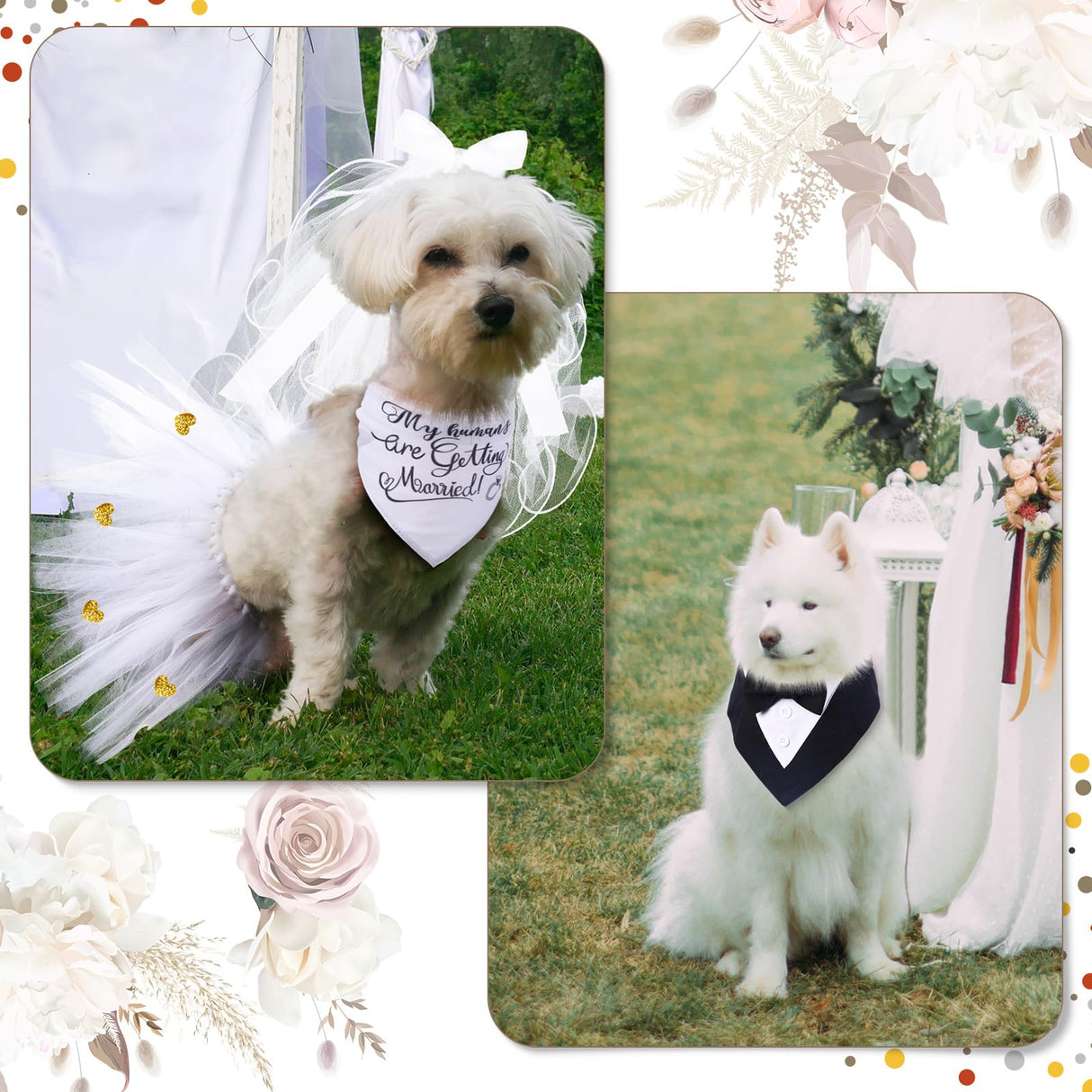 4 Pcs Dog Wedding Costume Set Include Veil with Clip, Bandana, Skirt, Adjustable Formal Bandana with Bowtie for Dog Bride Bridegroom Outfit Wedding Party(Medium)
