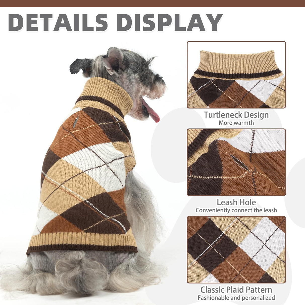 KOOLTAIL Dog Sweater Pet Knitted Clothes - Classic Plaid Pullover Turtleneck Thick Warm Fall Dog Sweaters with Leash Hole, Soft Winter Coats for Small Medium Large Dogs Cats Puppy Girls Boys, ML