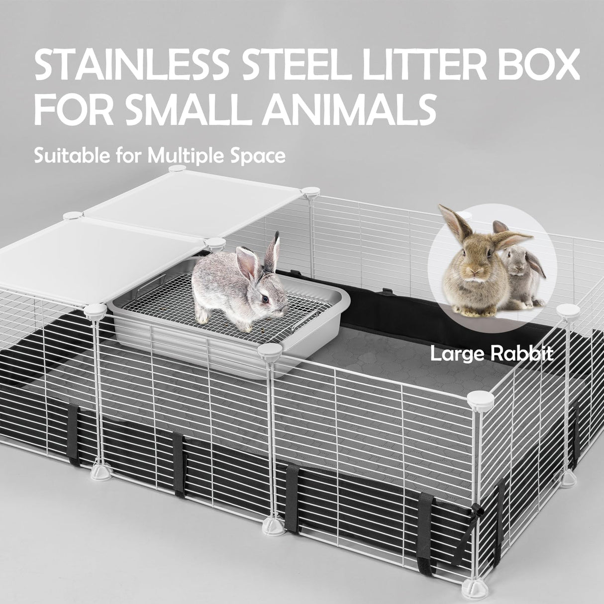 MEEXPAWS Rabbit Litter Box Stainless Steel, Large Bunny Litter Box with Raised Grid and Washable Pee Pad, Metal Litter Pan High Side for Rabbit,Small Animal Toilet Potty Tray Easy Cleaning,Less Stink