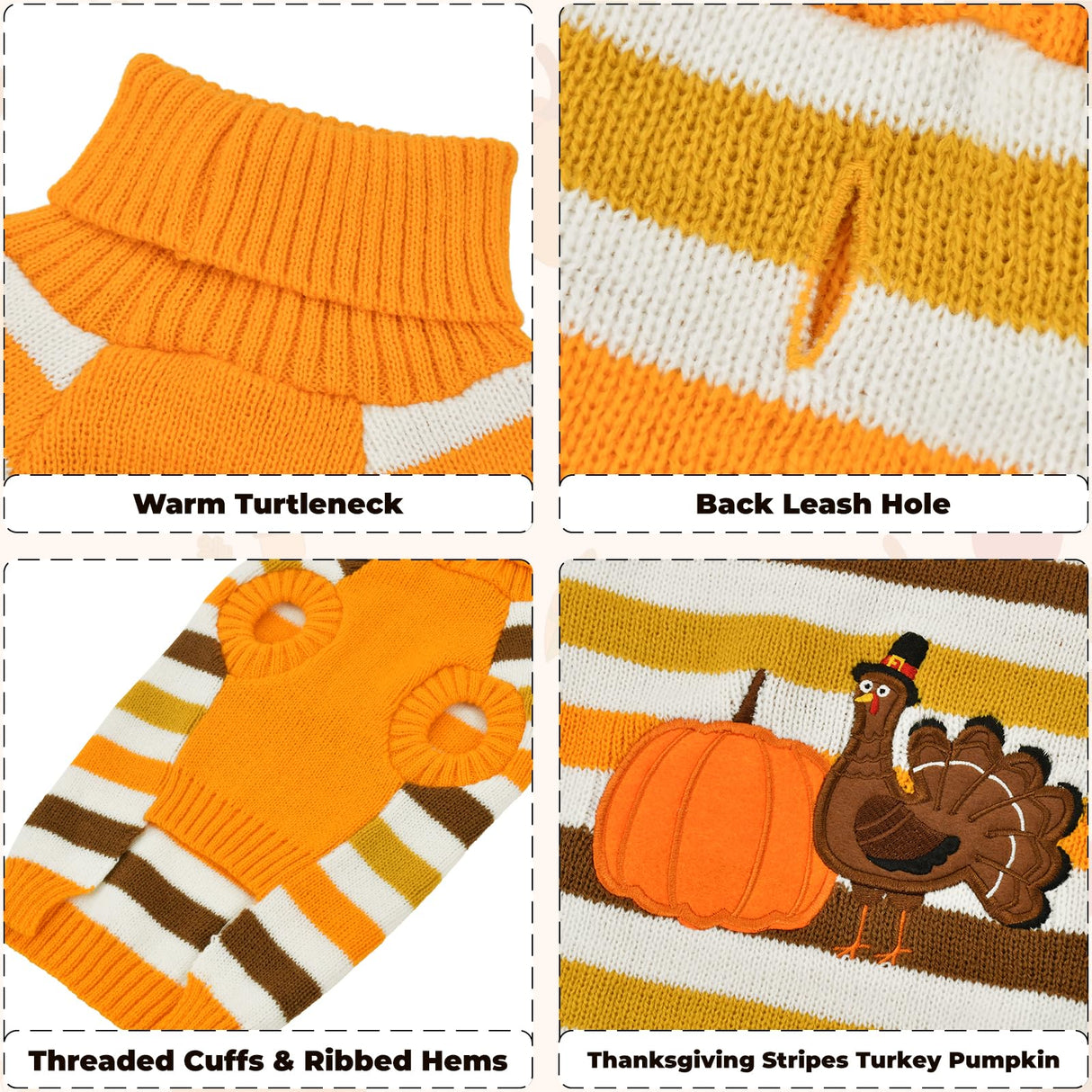 Vehomy Thanksgiving Dog Sweater Pet Pumpkin Turkey Clothes Costume Cat Stripe Turtleneck Knitwear Shirt Pullover Dog Puppy Thanksgiving Clothes for Small Medium Large Dogs Cats M