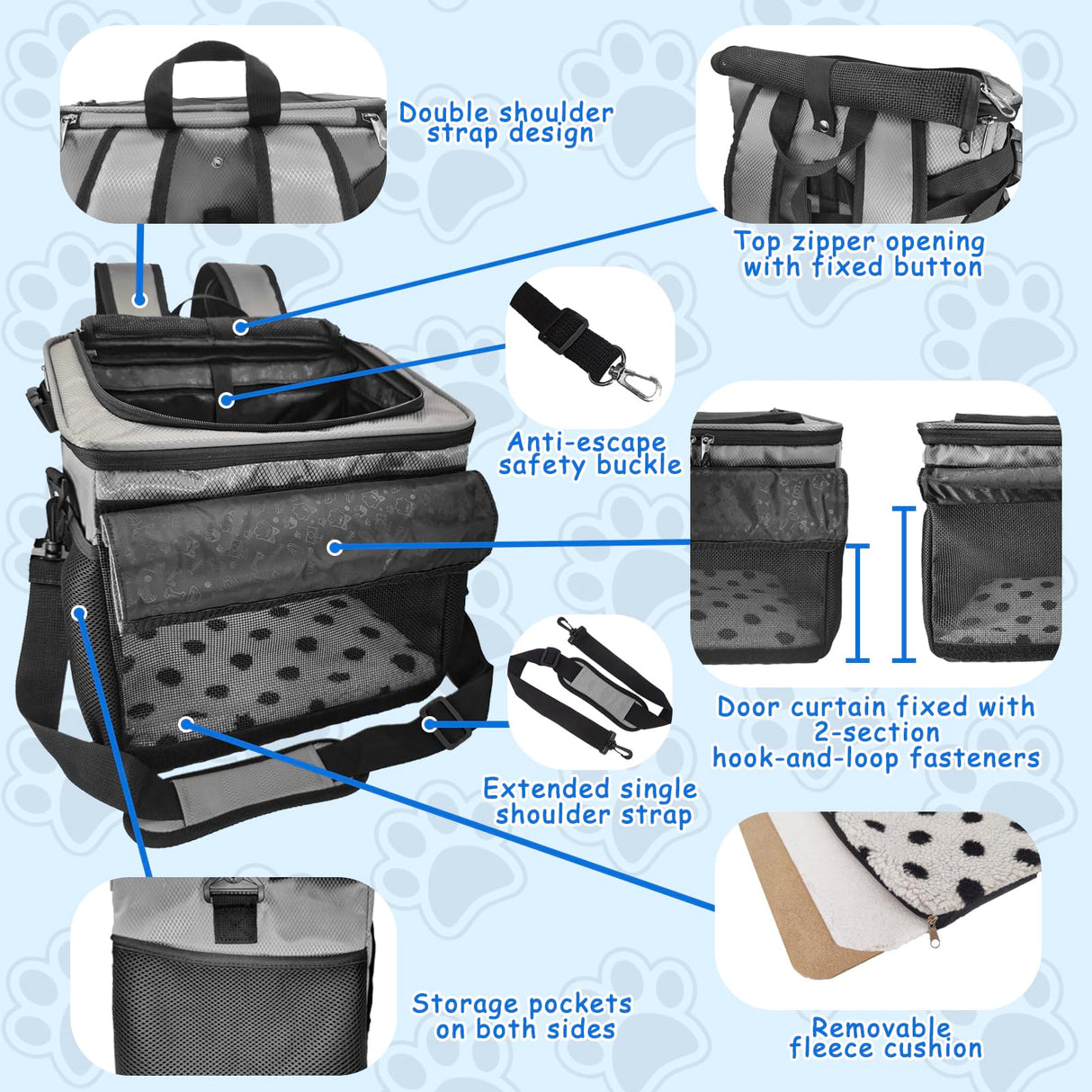 VeluXanipyr Dog Bike Basket,Cat Backpack Carrier,Dog Bike Carrier Hard,Pet Car Seat with Extended Single Shoulder Strap,Pet Shoulder Bag with Pet Bath Brush,Disposable Pee Pads 5pcs,Gray