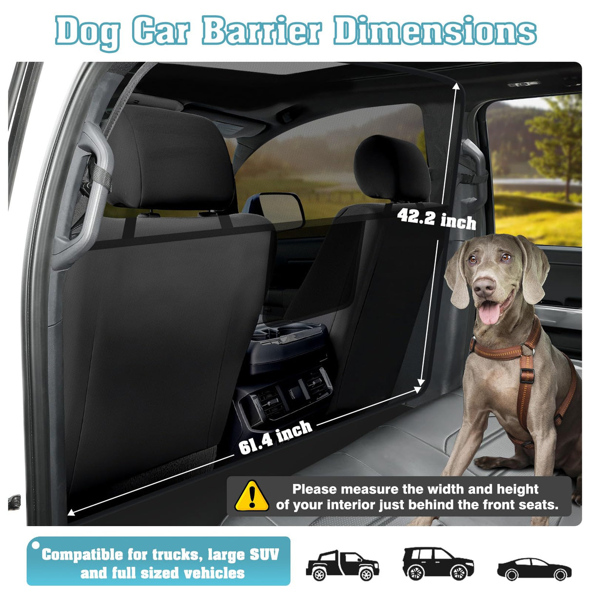 Mixsuper Dog Car Barrier, 61.4" Wide, Car Divider for Trucks, Large SUV, One-Piece Escape-Proof Back Seat Mesh Dog Car Net Barrier Black