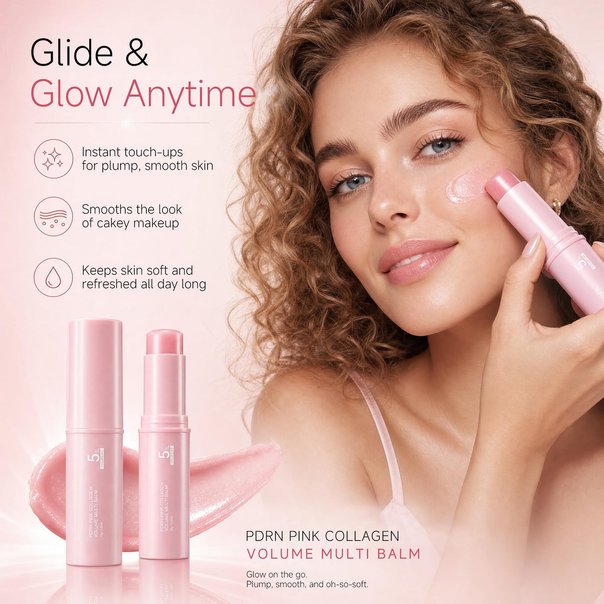 PDRN Pink Collagen Volume Multi Balm Stick, K-Beauty Volufiline Balm with NAD+ & Peptide, Korean Skincare Stick for Face, Neck, Lips and Smile Lines, Collagen Plumping Balm for Dewy Glow (1 PC)