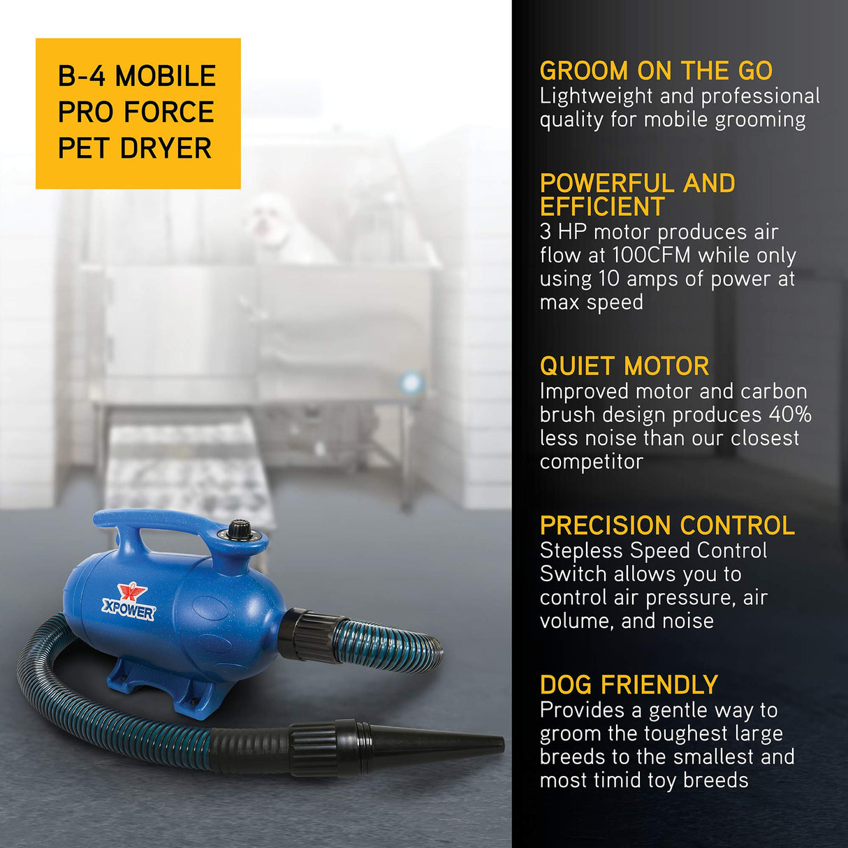 XPOWER B-4 Professional Pet Grooming Force Dryer with Powerful and Quiet Motor, Variable Speed Control, Versatile For All Coats and Breeds