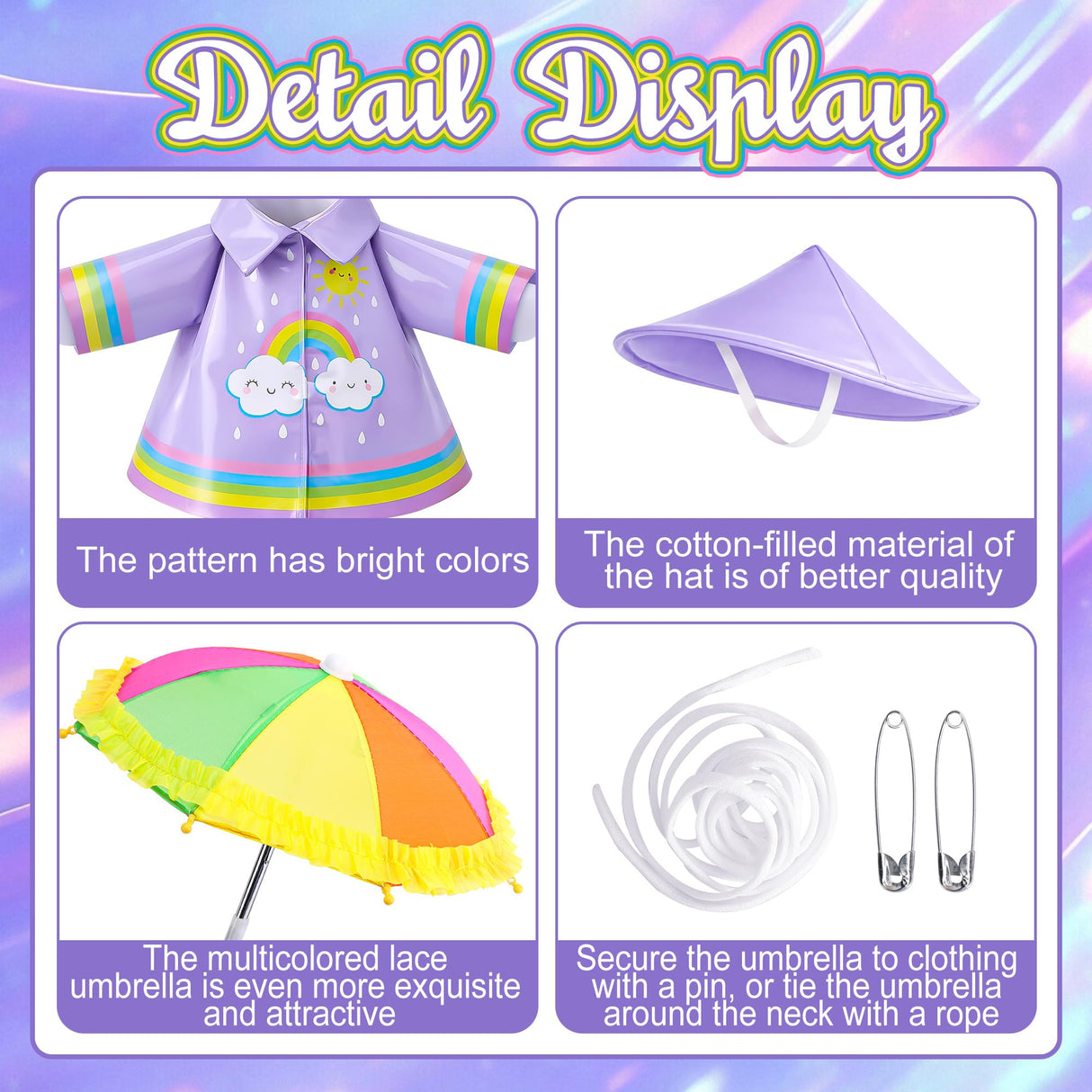 DECOHS 3 Pcs/Set Raincoat Porch Goose Outfits, Summer Lawn Goose Statue Raincoat Costume, Yard Goose Clothes Raincoats Umbrella Hat Outfit for 23" Statue Patio Garden Decoration (Purple Rainbow)