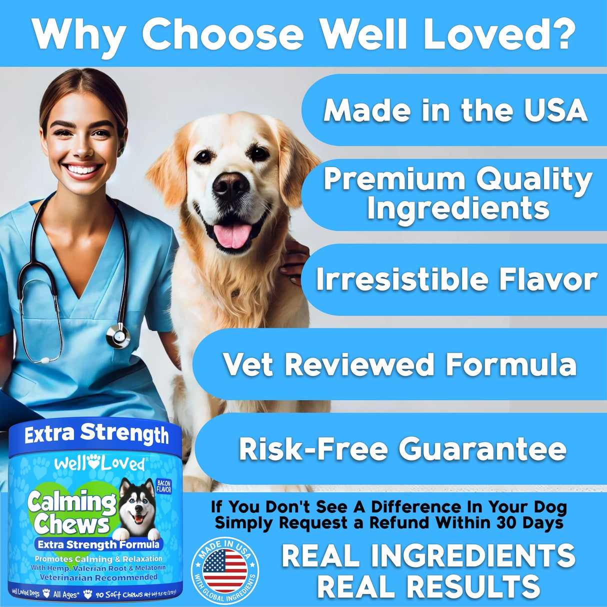 Well Loved Calming Chews for Dogs - Dog Calm Treats, Made in USA, Vet Recommended, Behavior Support with Melatonin & Hemp, Stress, Separation, Fireworks, Travel, Extra Strength