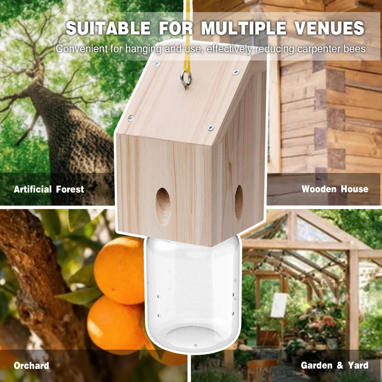 Carpenter Bee Trap for Outside - Shed Style Nature Hanging Wood Trap for Outdoor with Removable Bee Vault Plastic Jar (1 Pack)