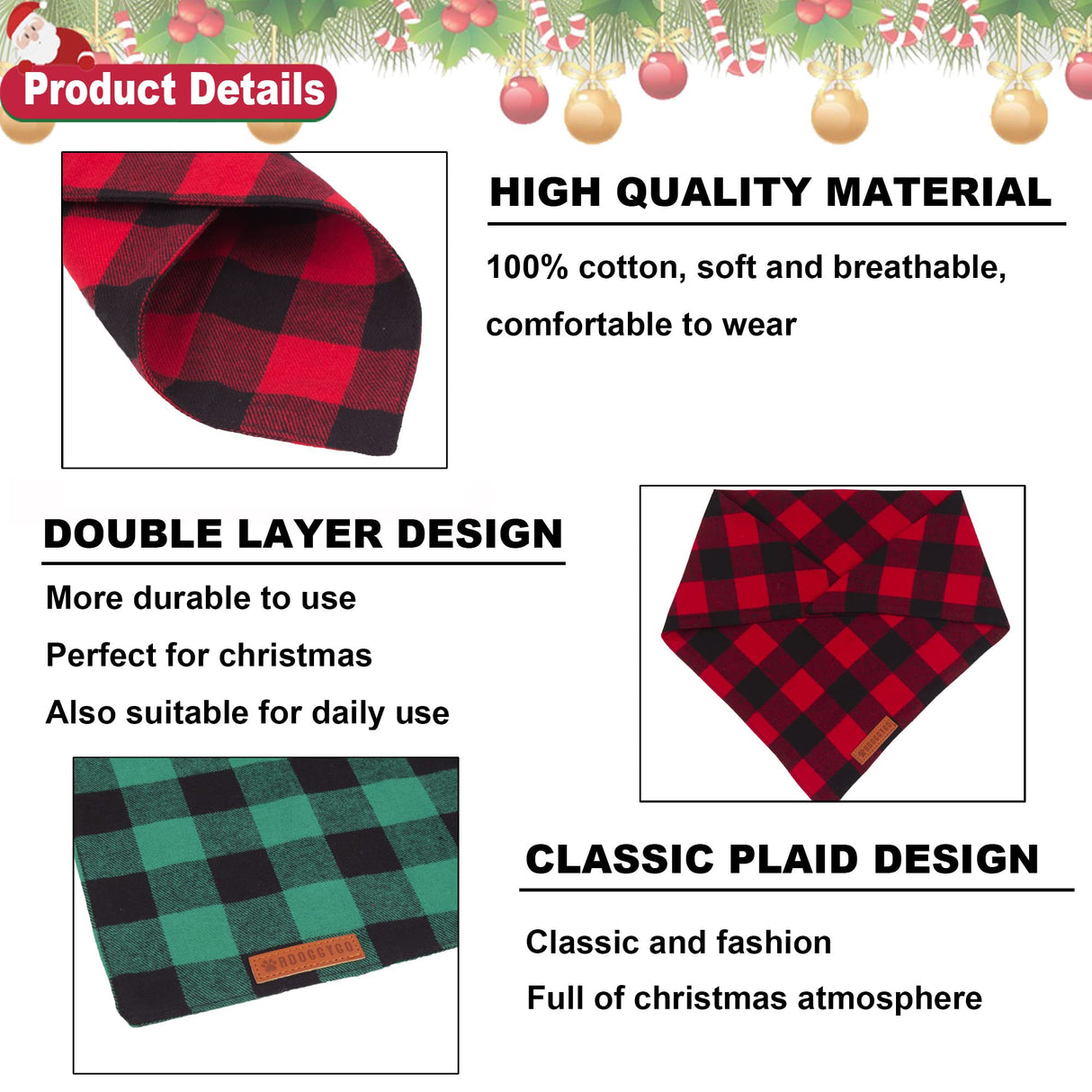 ADOGGYGO 4 Pack Plaid Dog Bandana for Fall Halloween Thanksgiving Christmas, Red Green Orange Plaid Pet Scarf Plaid Holiday Bandanas for Medium Large Dogs (Large)