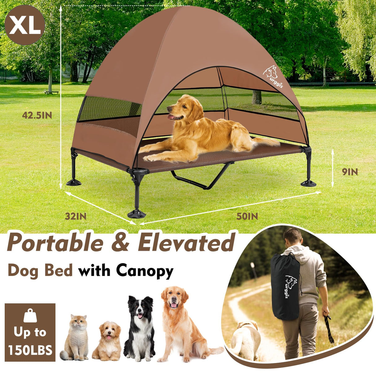 Upgraded Elevated Dog Bed with Canopy, Portable Raised Outdoor Dog Bed with Stable Anti-Slip Feet, Wider Shade Pet Bed Cot, Raised Dog Beds for Large Dogs Camping, Indoor & Outdoor Use