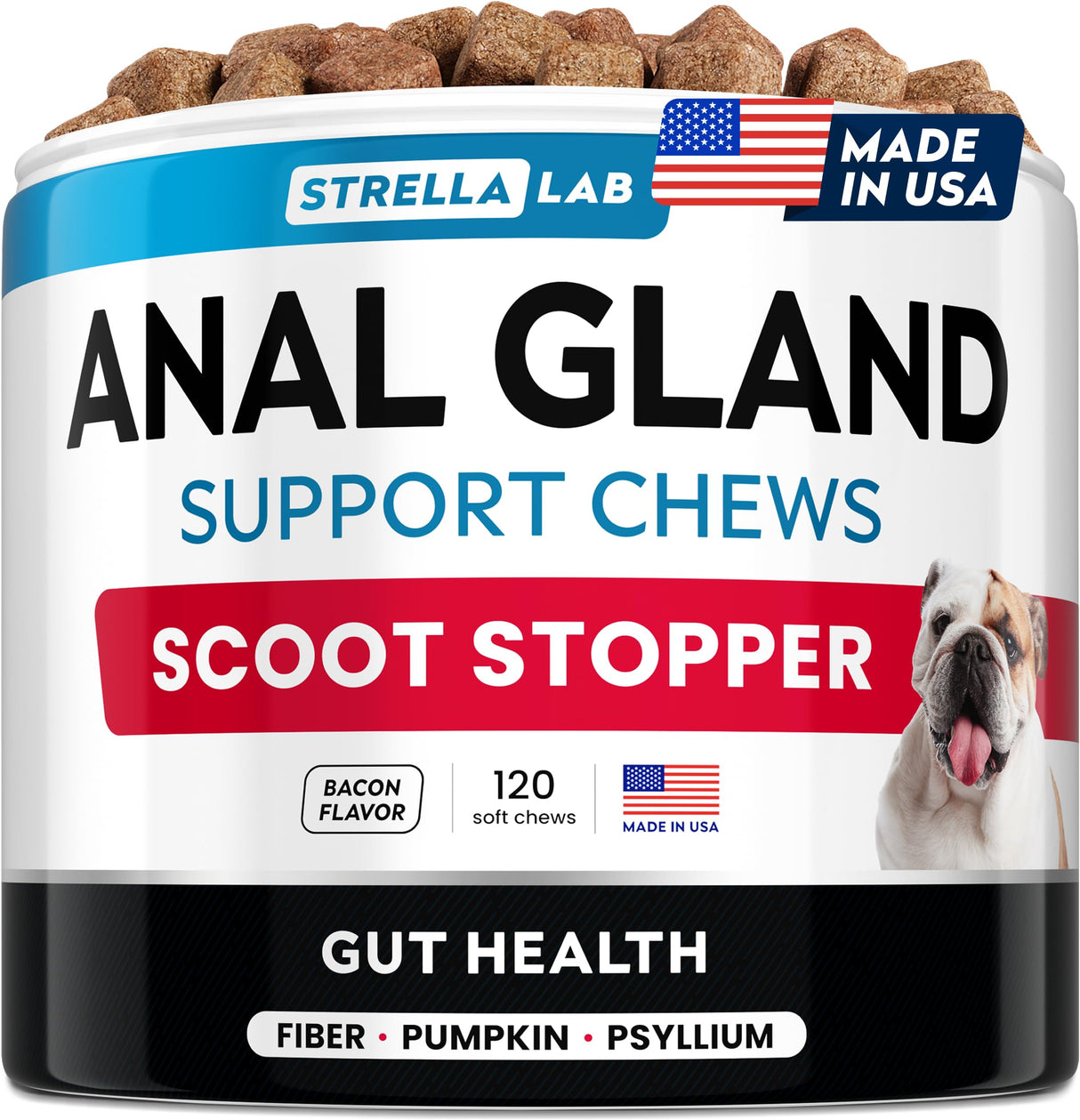 STRELLALAB Anal Gland Support Chews - Scoot Treatment - Digestive Enzymes, Prebiotics & Fiber Supplement for Dogs Digestion & Gut Health. Proprietary Blend of Beet, Psyllium, Dandelion & Pumpkin 120Ct