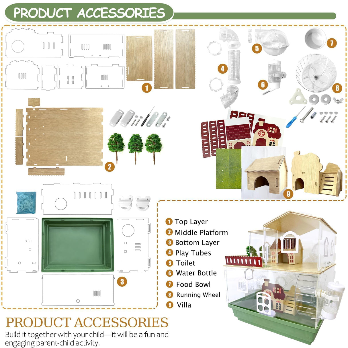 12 in 1 Clear Acrylic Hamster Cage with All Accessories,13.5''L* 10''W* 15''H Dwarf Hamster Cage,Magnetic Connection Small Hamster Enclosure,Garden Style Wooden Mouse Cage for Pet Mice(2-Layer,Green)