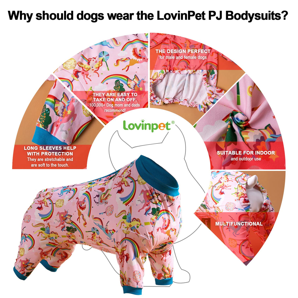 LovinPet Large Dog Pajamas Onesie, Magic Rainbow Shine Pink Print, Lightweight Stretchy Knit Pullover Large Puppy Pajamas, Pjs for Pitbulls, Stop Shedding for Dogs, Pet PJ's, 2XL