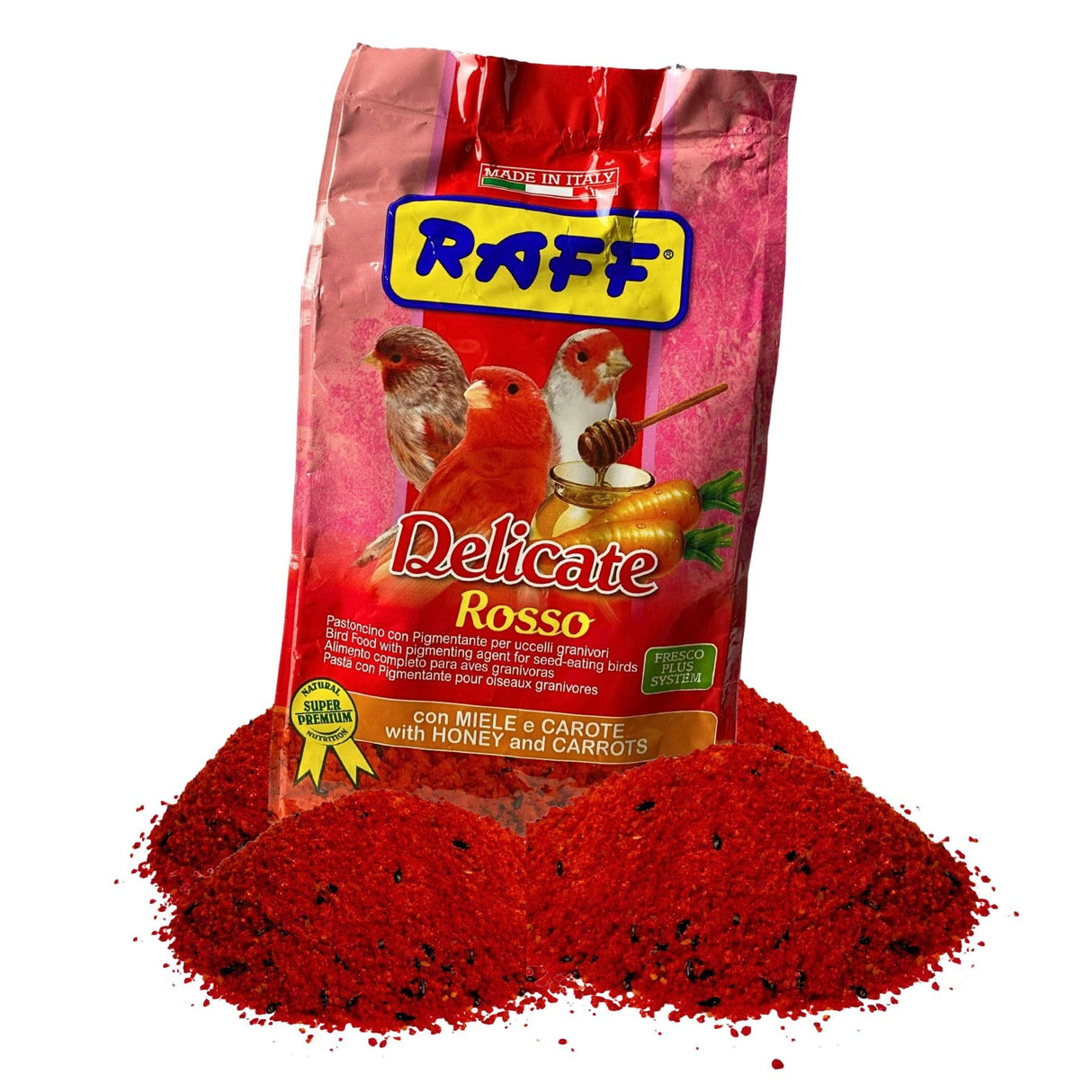 GLOBAL LUXURY MANAGEMENT Raff Delicate Rosso 500g – Red Canary Food Enriched with Honey and Carrots – Specialized Red Factor Formula for Seed-Eating Birds Seeking Vibrant Plumage and Optimal Health