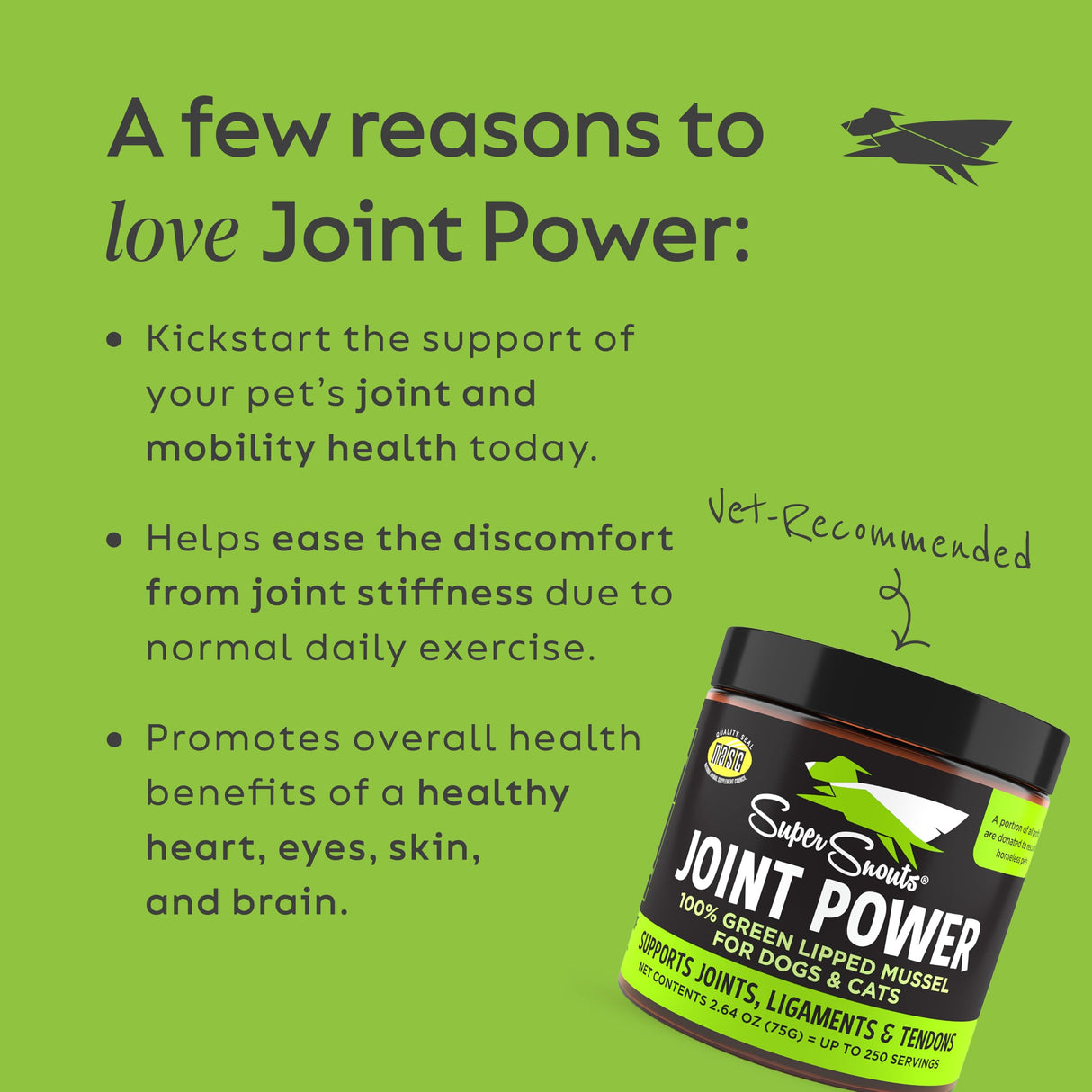 Super Snouts Joint Power 100% Green Lipped Mussels for Dogs & Cats - Dog Joint Supplement Powder Supports Joints, Tendons, Ligaments (2.64 oz)