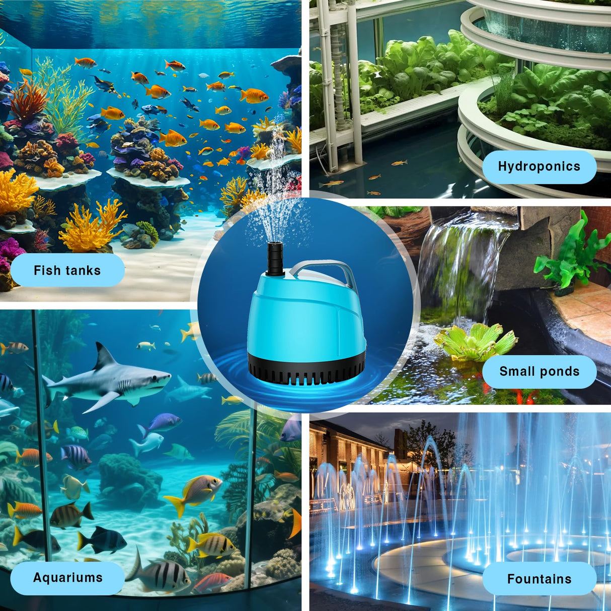 WUCIOOO 700GPH Ultra Quiet Bottom Suction Submersible Water Pump (2600L/H, 40W) with 3 Nozzles,8ft High Head,Suitable for Aquariums,Fish Tanks, Pond Fountains, Hydroponic Green,Indoor Fountains