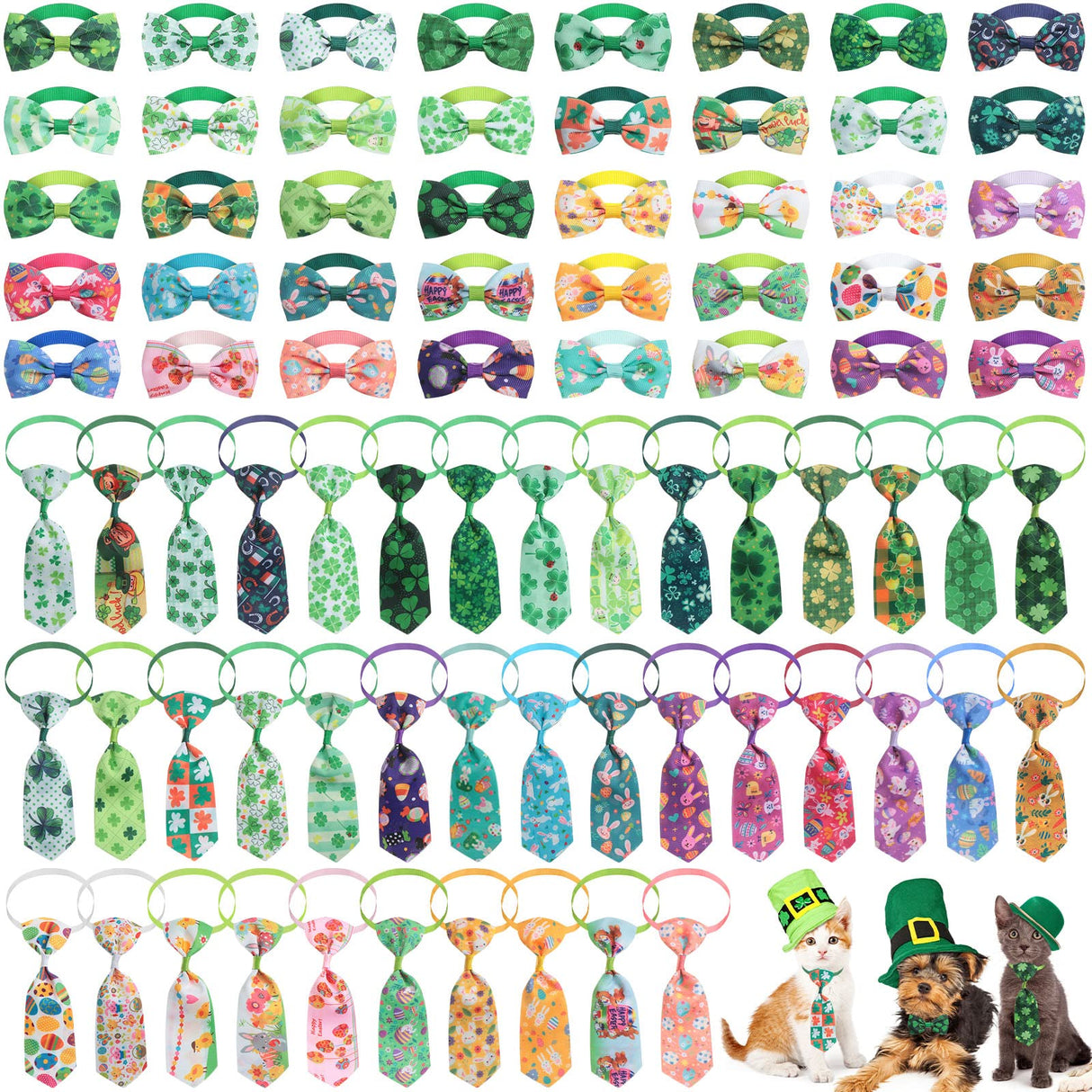 Reginary 80 Pieces St Patricks Day and Easter Dog Bow Tie Collar Set Include 40 Dog Neckties and 40 Pet Collar St. Patrick's Day and Easter Adjustable Pet Grooming Accessories for Small Medium Cat