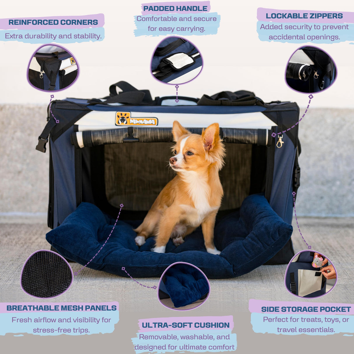Cat & Dog Pet Carrier, Soft-Sided, Large 24"x16"x16", Supports Up to 45 lbs, Privacy Windows, Removable Plush Bed, Locking Zippers, Foldable Travel Crate