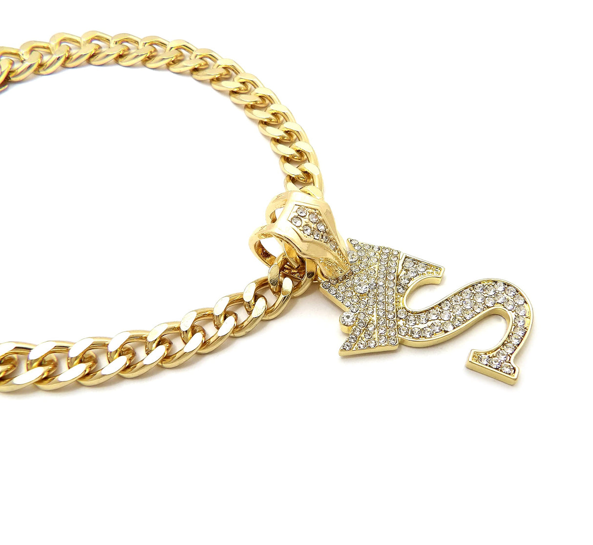 Icemond Rhinestone Studded Initial Pendant 26" Cuban Chain Fashion Costume Jewelry Necklace for Dogs Cats in Gold or Rhodium Tone (Gold - S)