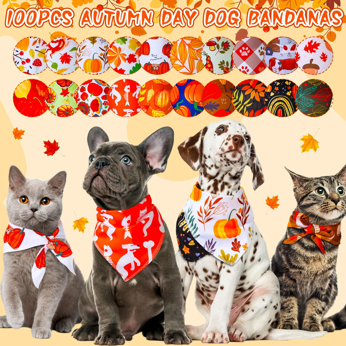 Locmeo 100 Pcs Fall Dog Bandanas Bulk Autumn Thanksgiving Day Dog Bandanas Adjustable Pumpkin Maple Leaves Pattern Pet Bibs Triangle Fall Thanksgiving Scarf Costume for Small Medium Pet Puppy(M)