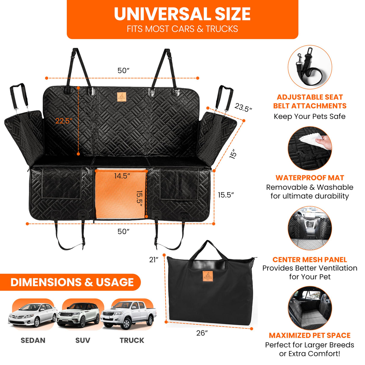 Dog Back Seat Cover Hard Bottom - 2025 Upgraded Materials - 6.4mm Support Boards Holds 400lbs - Waterproof Dog Hammock for Car, SUV & Truck - Pet Seat Cover for Back Seat - Backseat Extender for Dogs