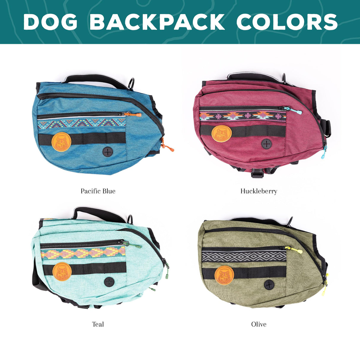 Wilderdog Dog Backpack with Built in Harness and Back-Mounted D-Ring Leash Attachment, Handle, Two Saddlebags with 4 Total Pockets, Built in Poop Bag Dispenser (Pacific Blue, Large)