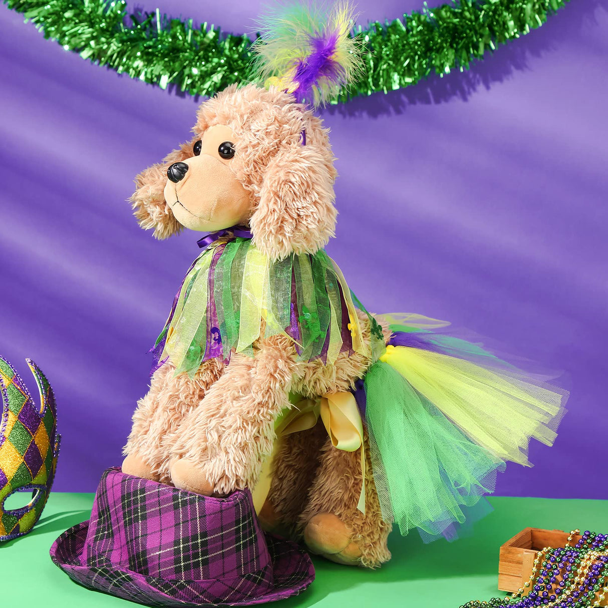 3 Pieces Girl Dog Costume Mardi Gras Tutu Skirt and Fleur De Lis Feather Headband Fancy Collar for Puppy Dog Costume Decorations Supplies, Purple, Green, Yellow (Small)