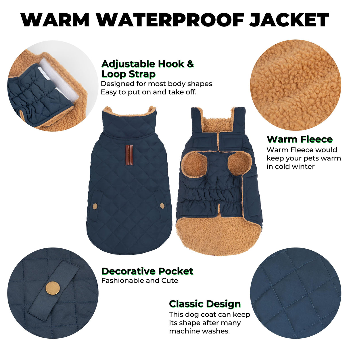 Vitiswap Dog Winter Coat, Warm Dog Jacket Windproof Waterproof Pet Cold Weather Coats for Small Dogs, Turtleneck Fleece Lined Dogs Clothes with Leash Hole, Navy Medium