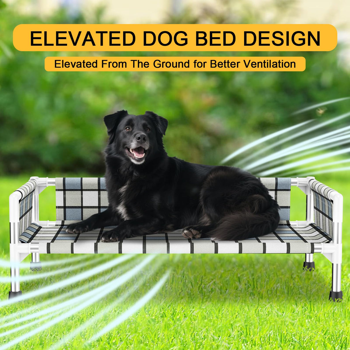 Elevated Raised Outdoor Dog Bed - Cooling Washable Dog Cot with Guardrail, Durable & Breathable Cotton Mesh Pet Hammock Beds with Stainless Steel Pipe Frame for Medium Pets (34'' x 20'' x 12'')