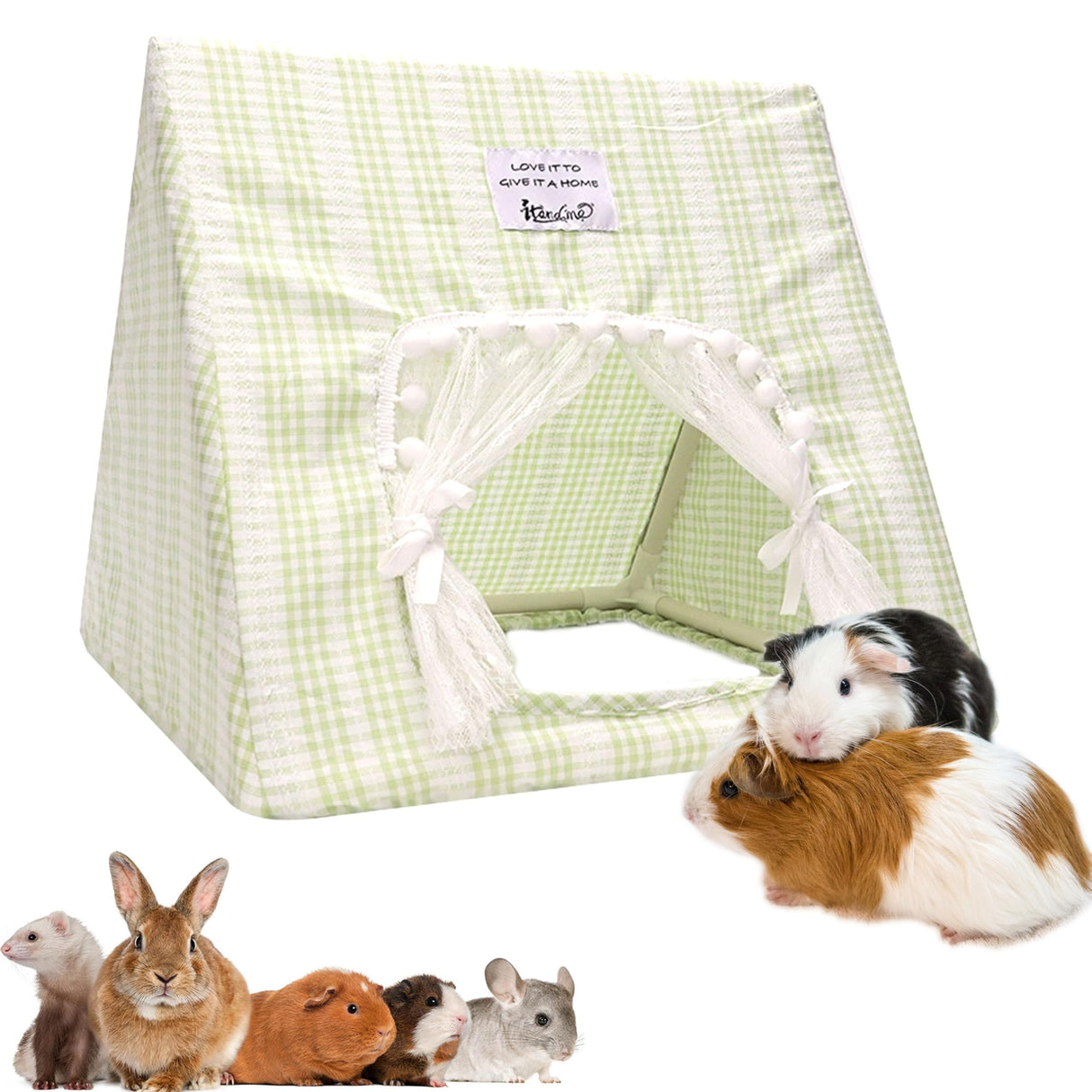 Guinea Pig Hideout Large with Curtain, Bunny Hideout, Machine Washable Guinea Pig Hide Tent Houses & Habitats, Small Animal Hideout for Pet Rabbit, Ferret, Rat, Chinchilla, Squirrel (Grid, Large)